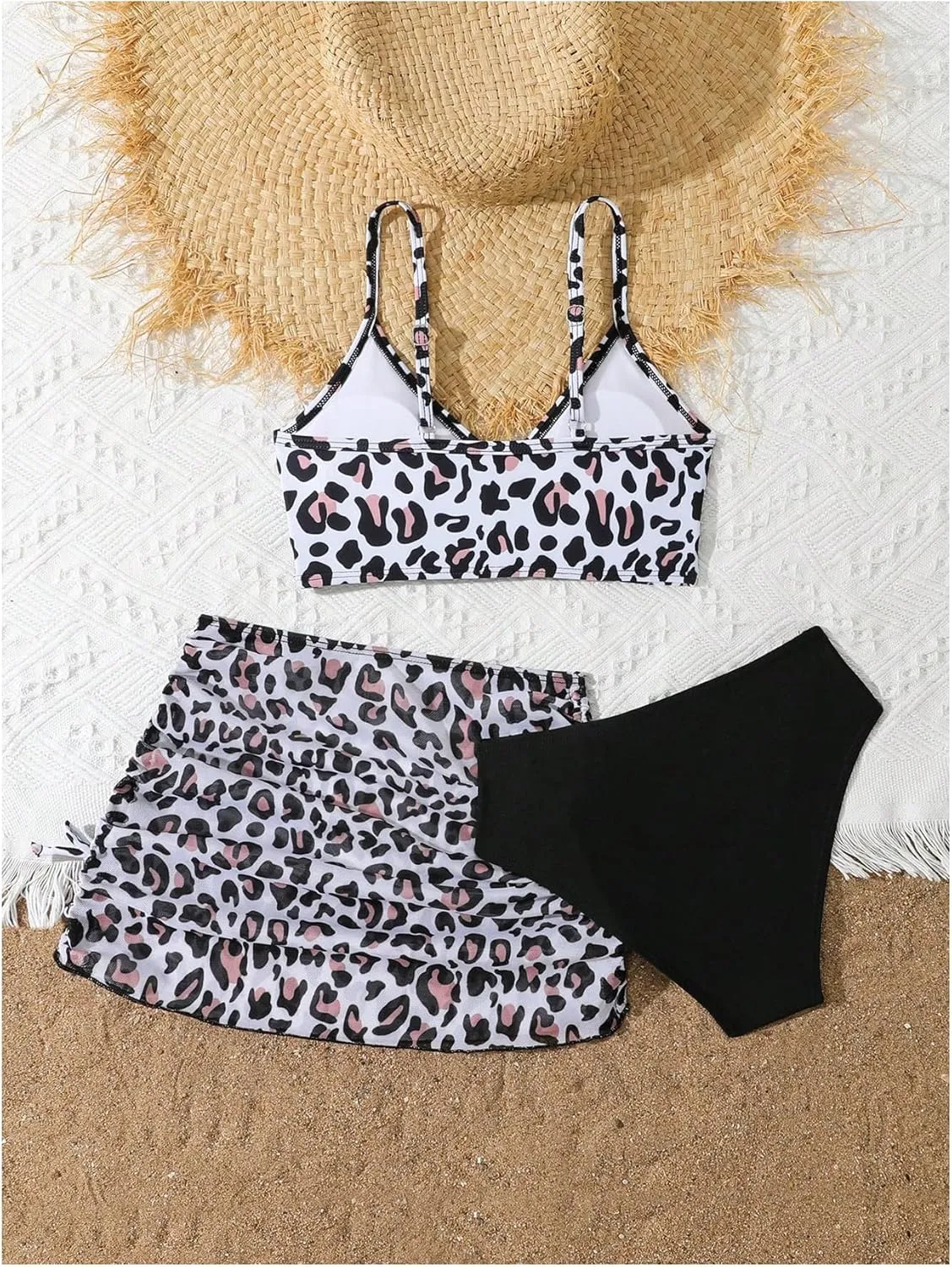 COZYEASE Girls' 3 Piece Set Floral Print Bikini Swimsuit with Drawstring Beach Skirt Cute Ruched Bathing Suit