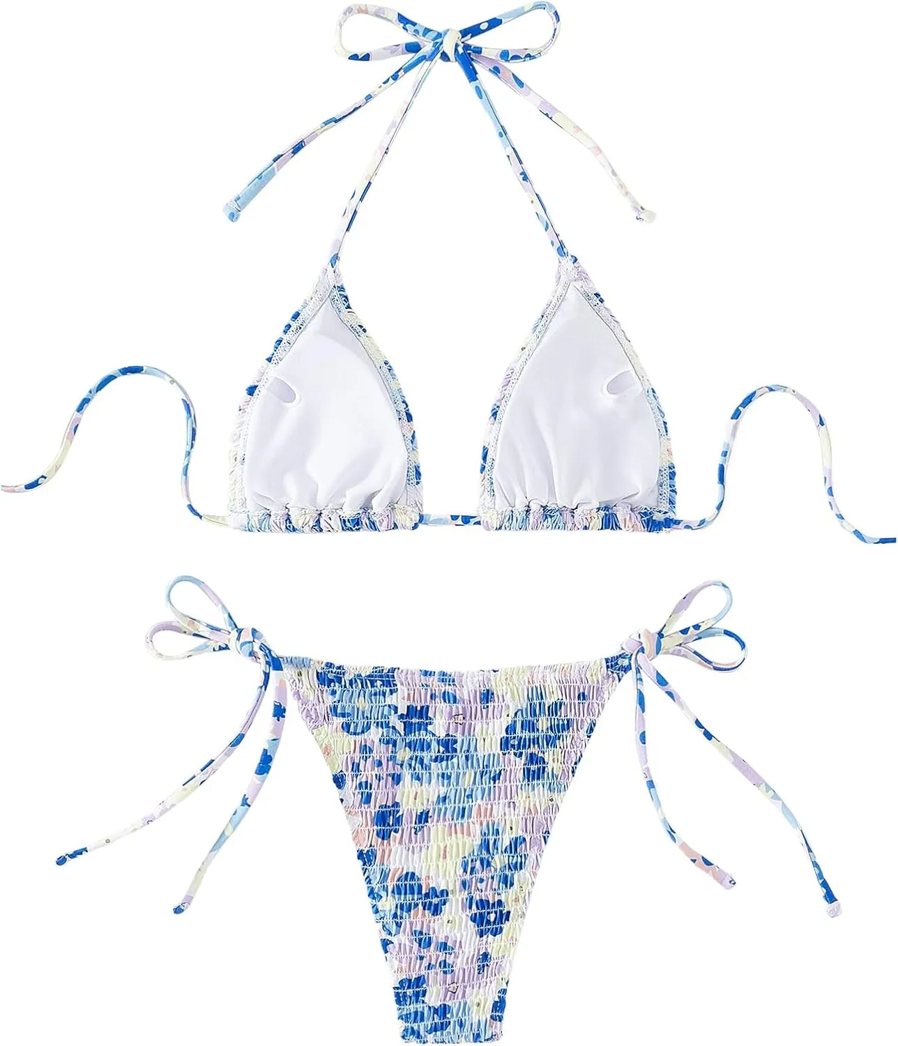 COZYEASE Women's 2 Piece Floral Bikini Sets Smocked Drawstring Side Triangle Halter Sexy Cute Swimsuits