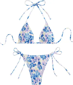 COZYEASE Women's 2 Piece Floral Bikini Sets Smocked Drawstring Side Triangle Halter Sexy Cute Swimsuits