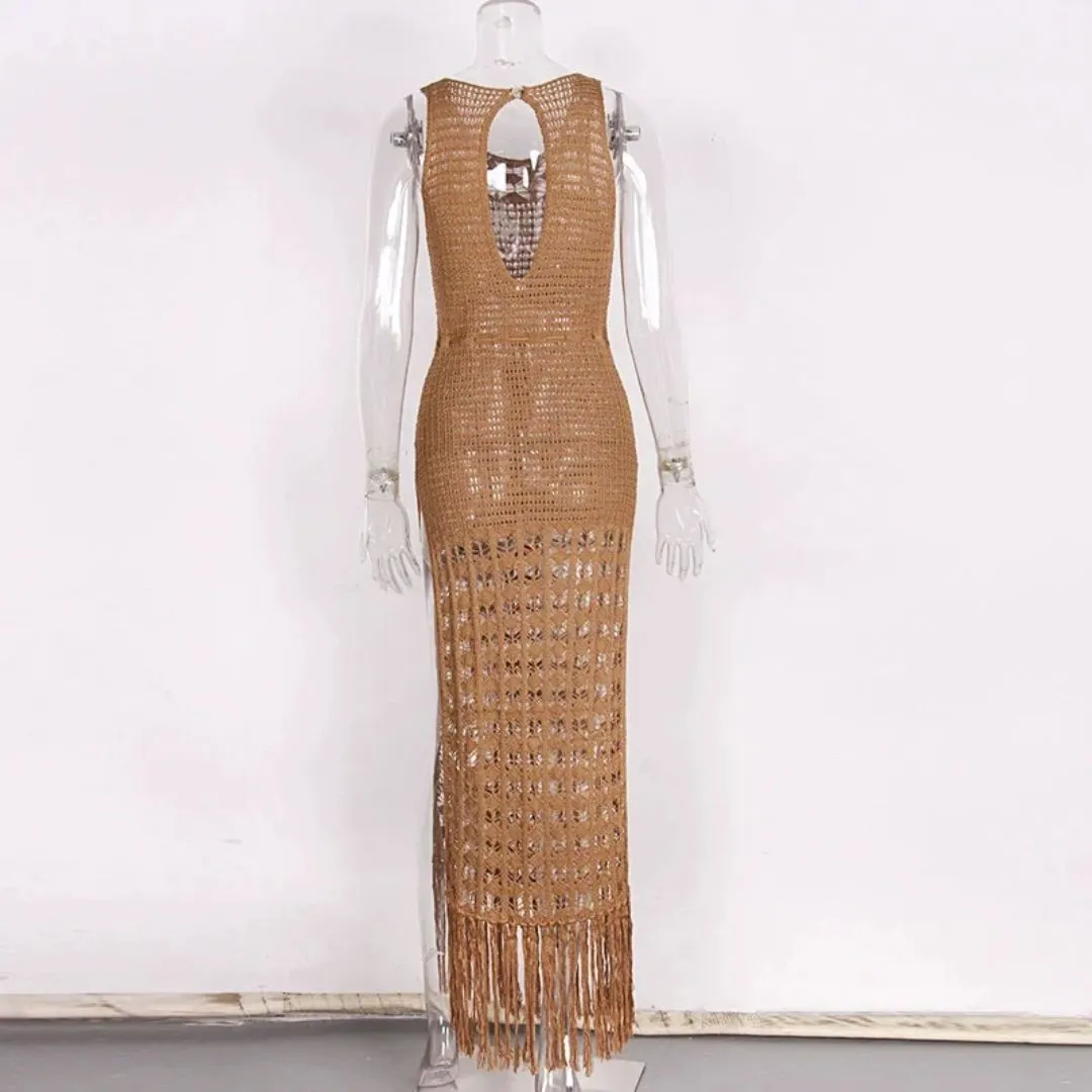Crochet Knit Tassel Drawstring Waist Maxi Beach Dress