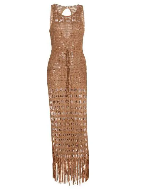 Crochet Knit Tassel Drawstring Waist Maxi Beach Dress