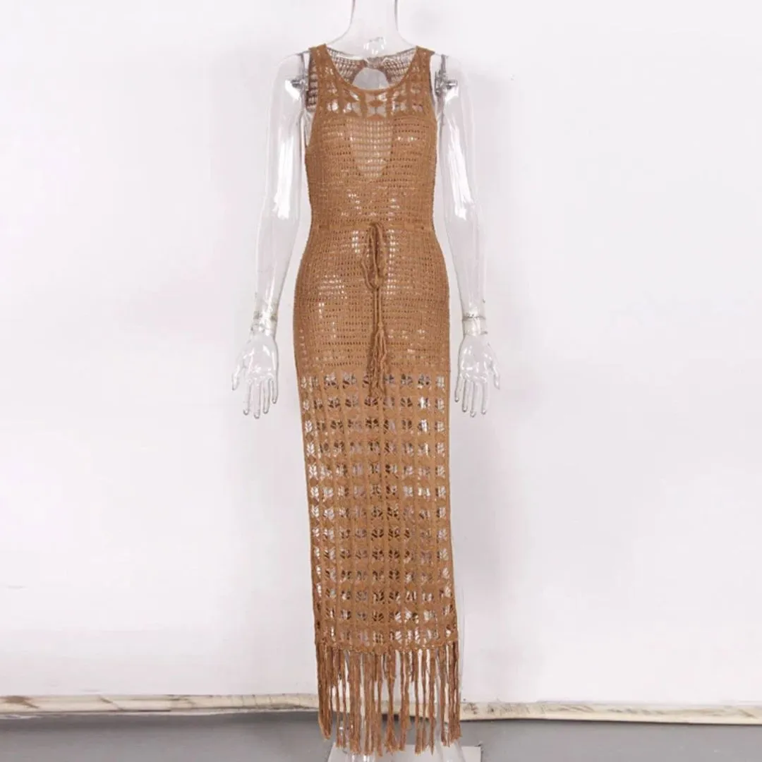 Crochet Knit Tassel Drawstring Waist Maxi Beach Dress