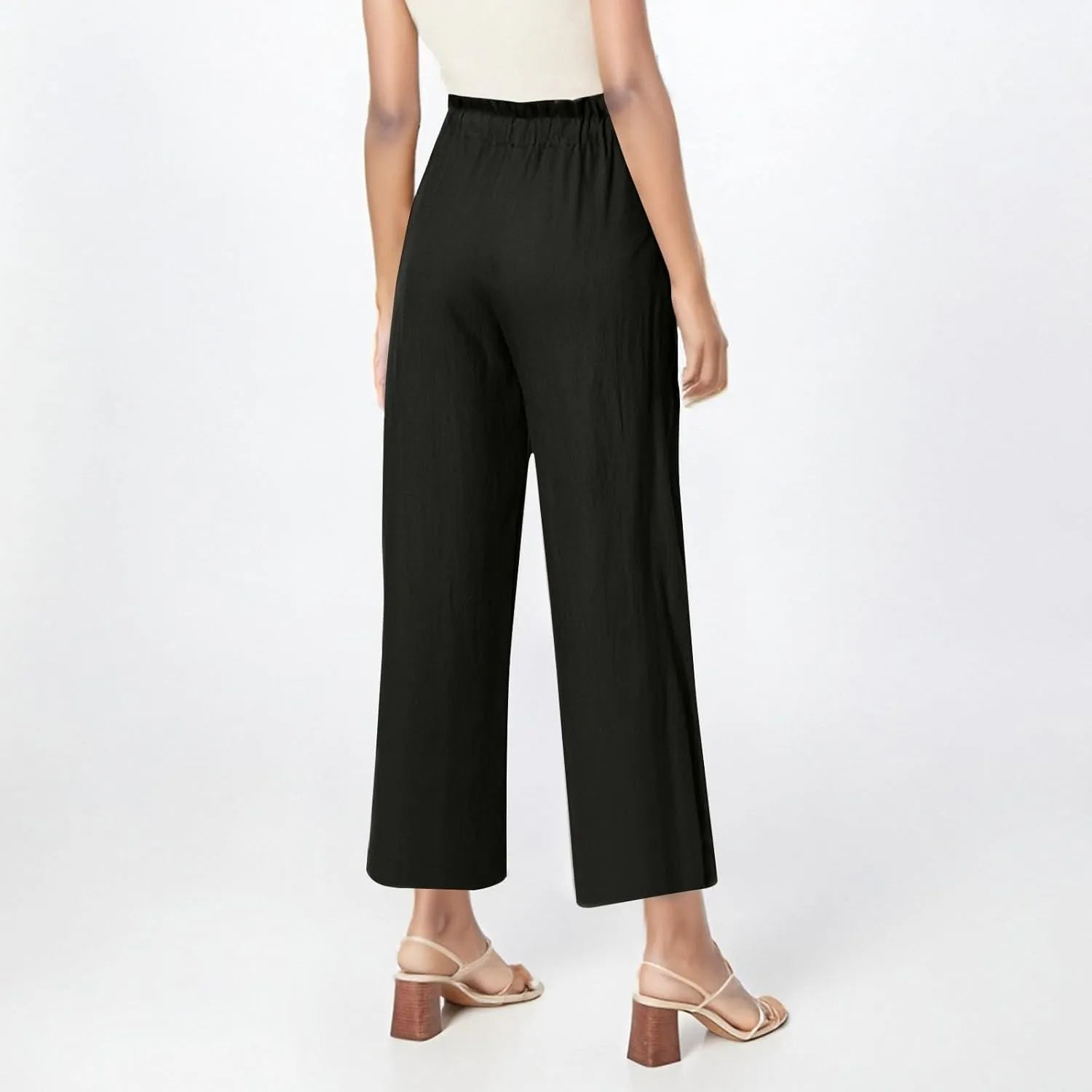 Cropped Linen Pants Women Drawstring Elastic Waist Wide Leg Palazzo Pants with Pockets Casual Flowy Boho Beach Pant