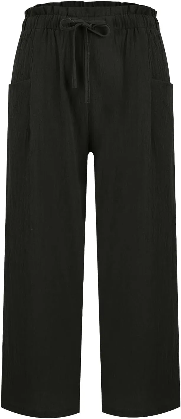 Cropped Linen Pants Women Drawstring Elastic Waist Wide Leg Palazzo Pants with Pockets Casual Flowy Boho Beach Pant