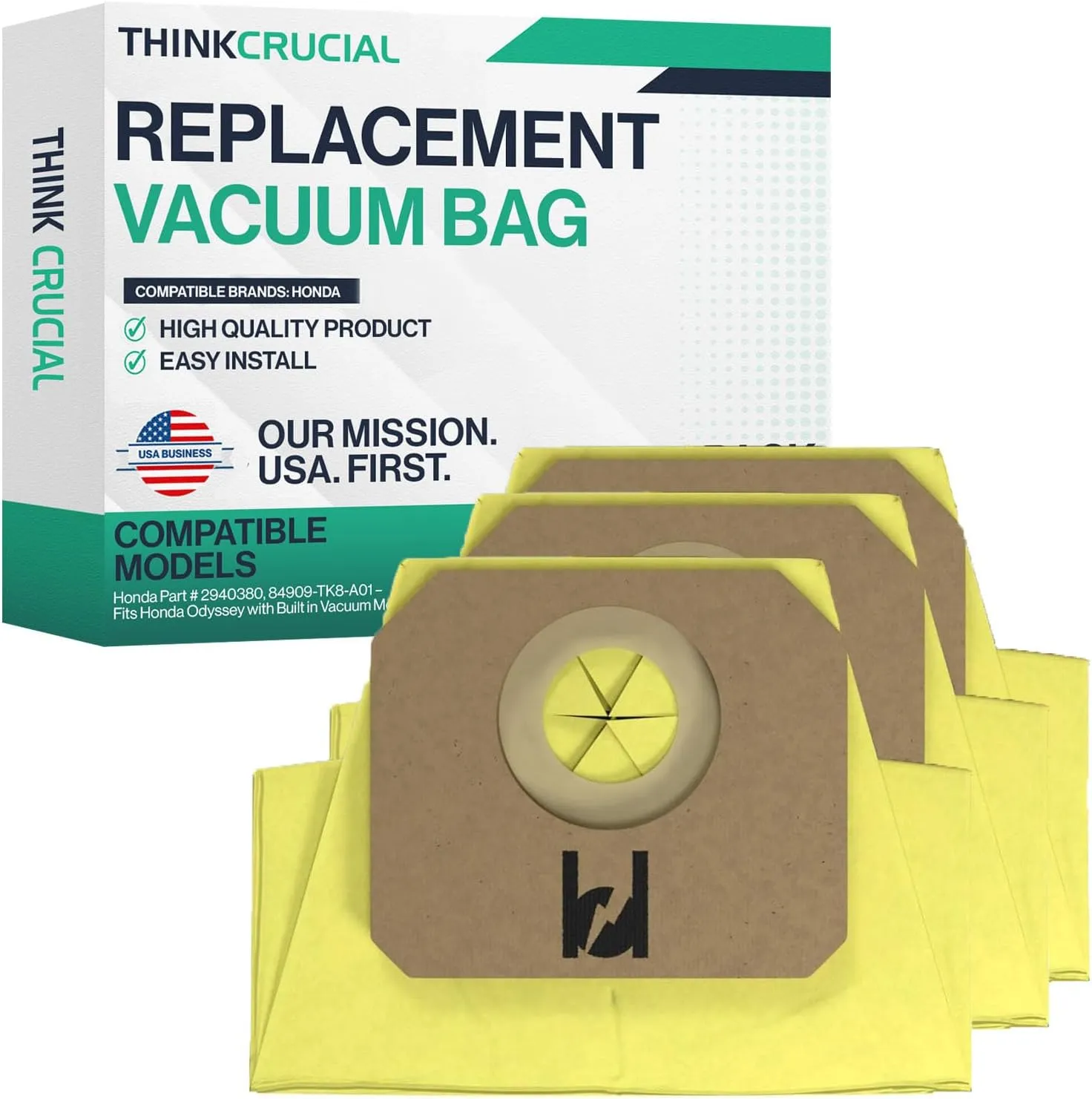 Crucial Vacuum Replacement Vacuum Bag - Compatible with Honda Part # 2940380, 84909-TK8-A01 – Fits Honda Odyssey H80916 with Built in Vacuum Model – Bulk (3 Pack)