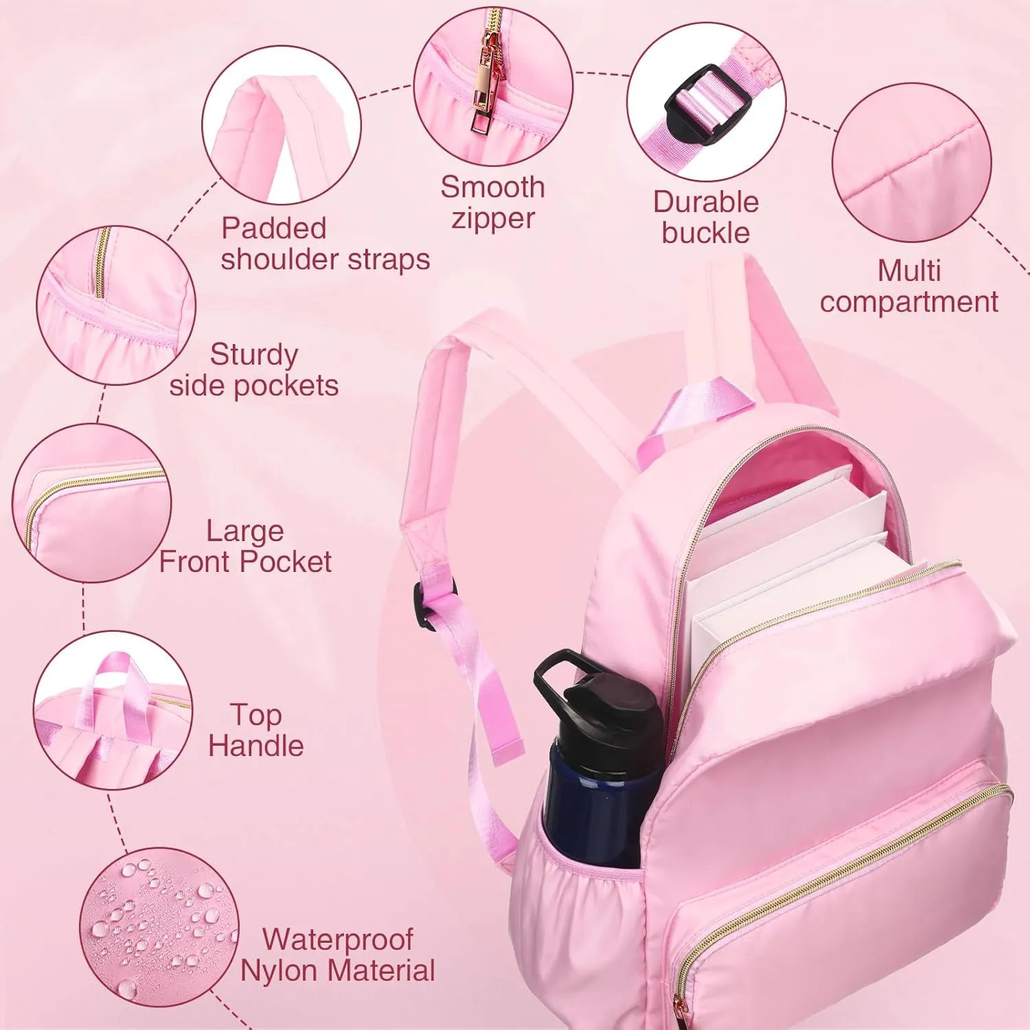 Cunno 1 Piece Nylon Backpack for School Preppy Bookbags Bulk Girls Boys School Bags Toddler Backpack Waterproof Travel Bag (Pink)