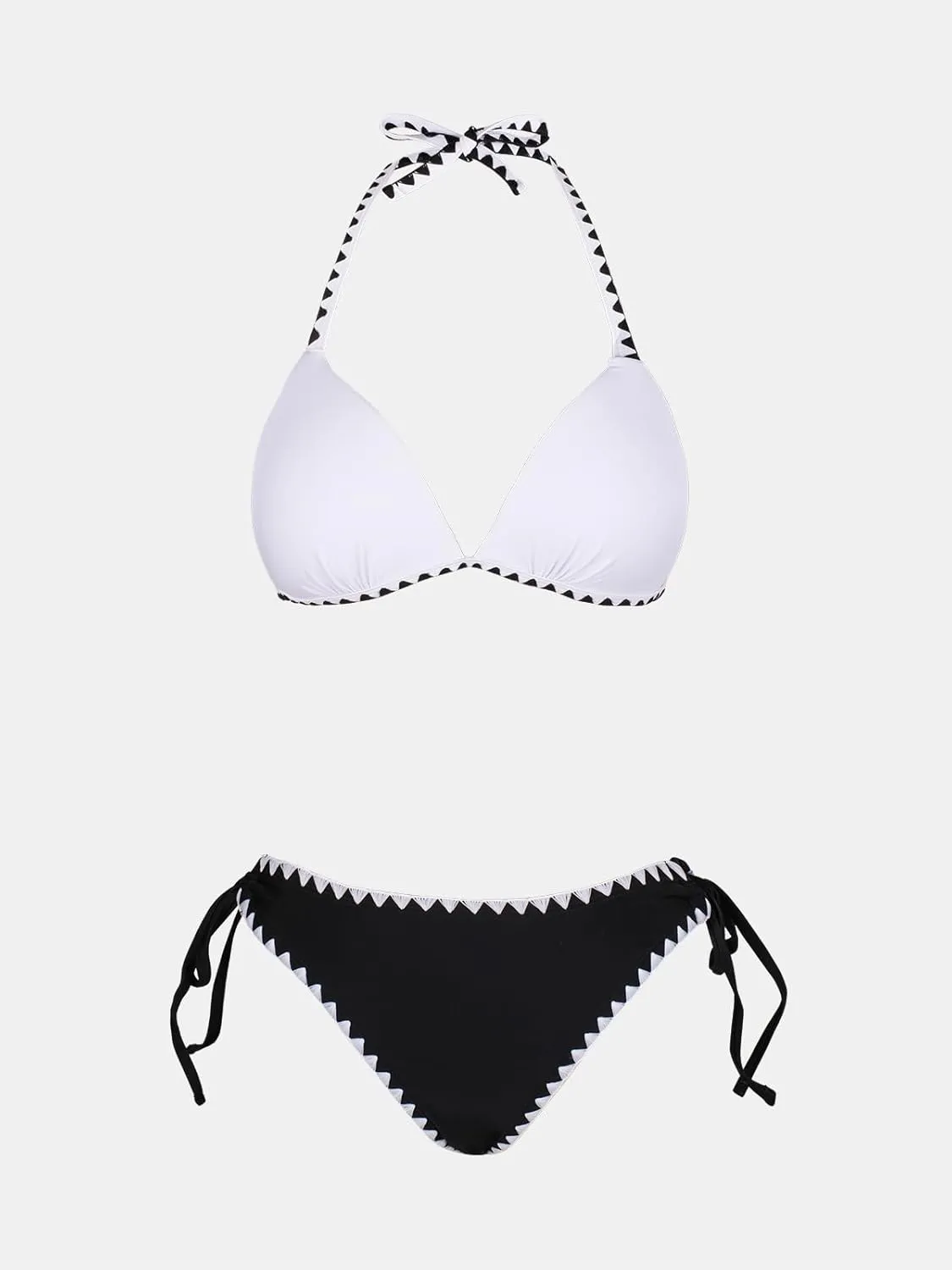 CUPSHE Women's Bikini Sets Halter Plunging Neck Tie Back Color Block Bathing Suit Adjustable Straps Side Drawstring