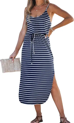 CUPSHE Women's Midi Dress Scoop Neck Ruffled Sleeveless Slit Drawstring Spaghetti Straps A Line Casual Dress