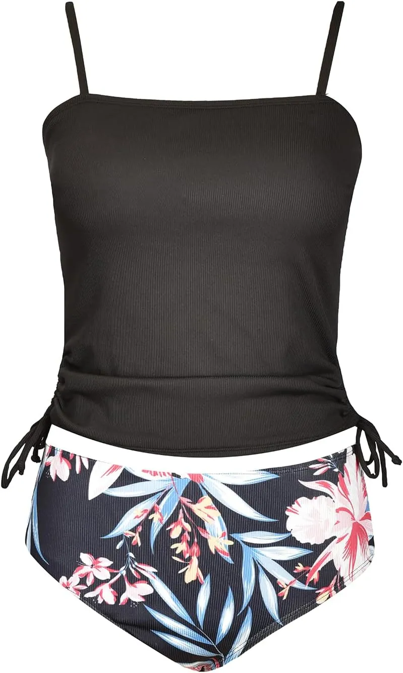 CUPSHE Women's Tankini Set Two Piece Swimsuit Ruched Drawstring Bathing Suits with High Waisted Bottom Rib