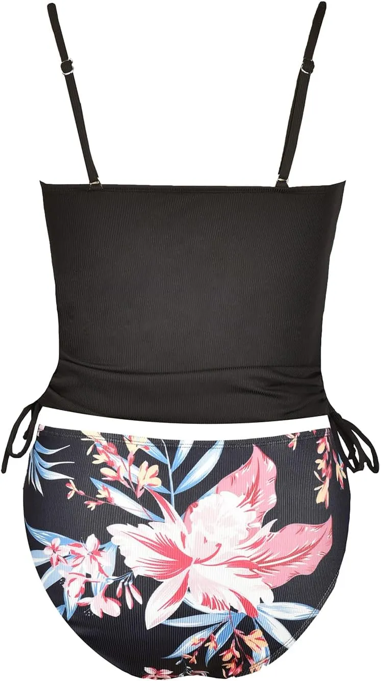 CUPSHE Women's Tankini Set Two Piece Swimsuit Ruched Drawstring Bathing Suits with High Waisted Bottom Rib
