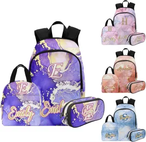 Custom Backpack for Girls Kids, Personalized Name School Daypacks with Lunch Bag, Purple Texture Customized Name Bookbag Travel Shoulder Bag for Preschool Kindergarten Elementary
