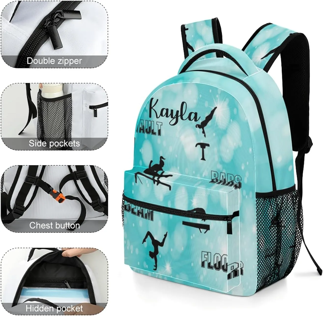 Custom Backpack School Bag for Girls Boys Kids, Gymnastics Vault Bars Beam Floor Bookbag with Name, Customize Back Pack, Fashion, Adjustable Shoulder Straps