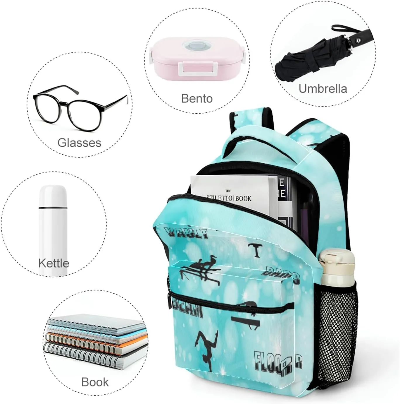 Custom Backpack School Bag for Girls Boys Kids, Gymnastics Vault Bars Beam Floor Bookbag with Name, Customize Back Pack, Fashion, Adjustable Shoulder Straps