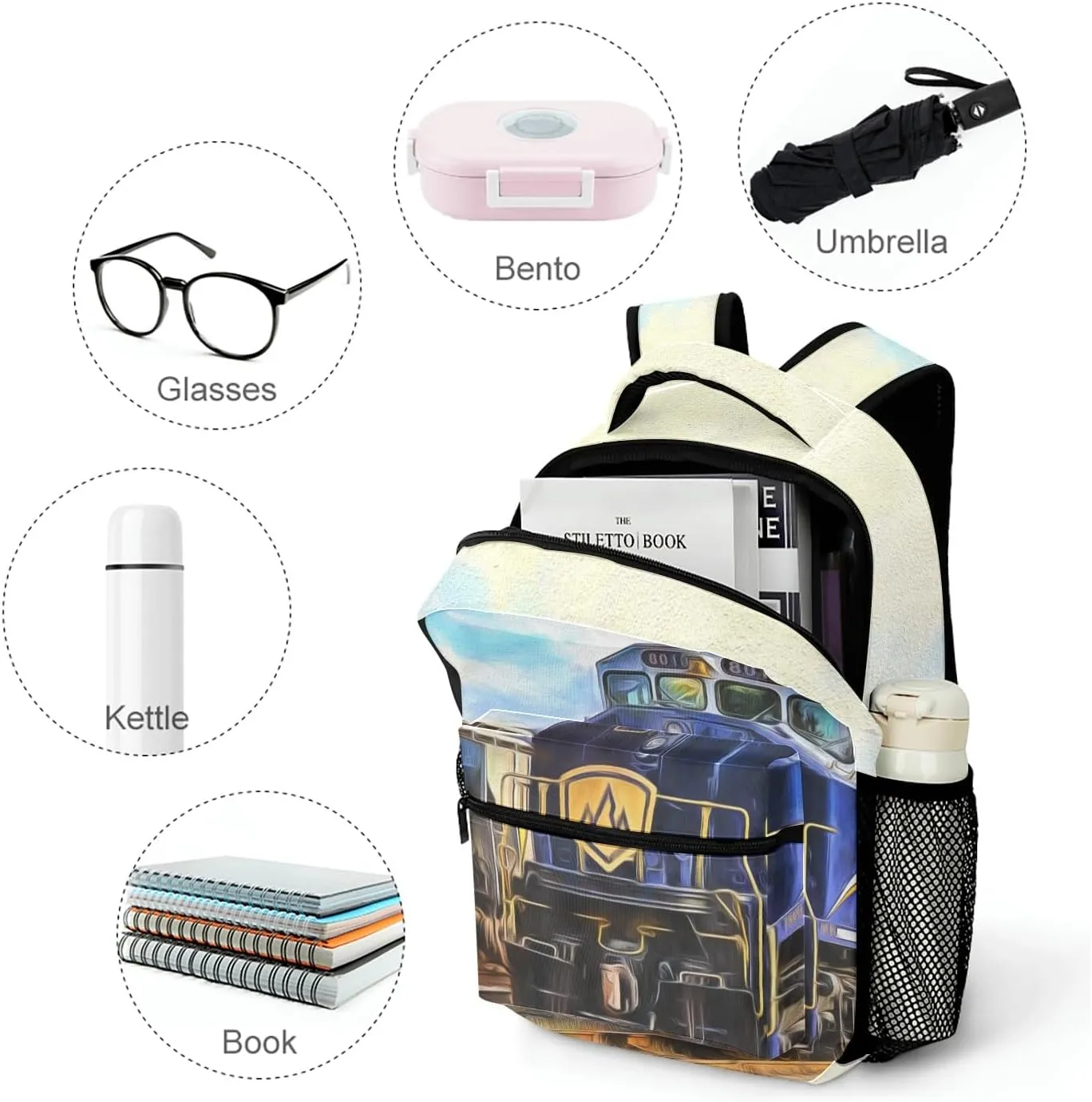 Custom Backpack School Bag for Girls Boys Kids, Train Art Bookbag with Name, Customize Back Pack, Fashion, Adjustable Shoulder Straps