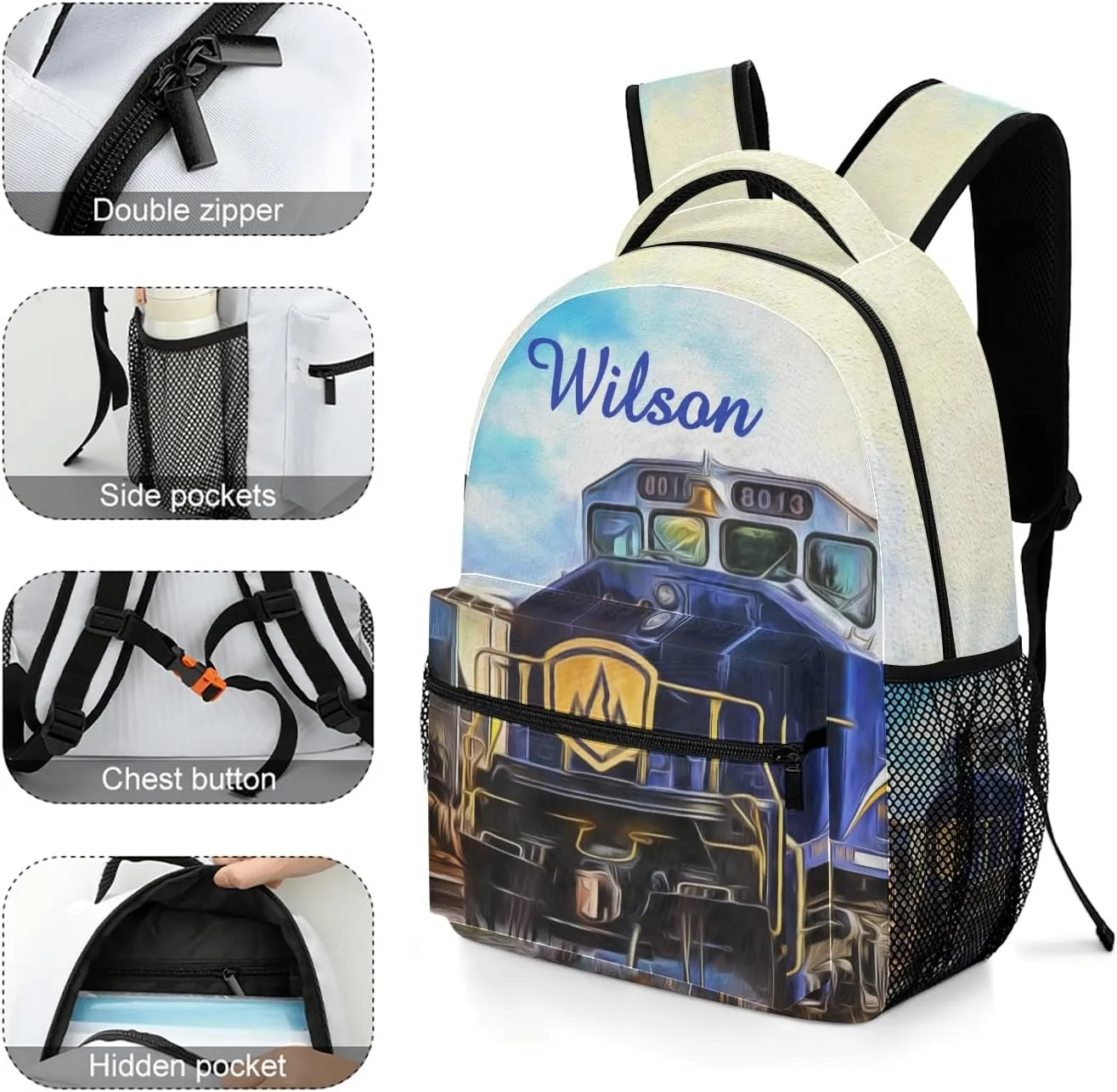 Custom Backpack School Bag for Girls Boys Kids, Train Art Bookbag with Name, Customize Back Pack, Fashion, Adjustable Shoulder Straps