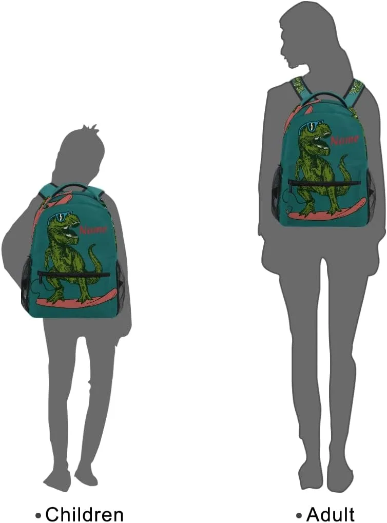 Custom Green Dinosaur with Skateboard School Backpack Personalized Your Name Text Bookbag for Boys Girls Teens Casual Travel Bag Computer Laptop Daypack