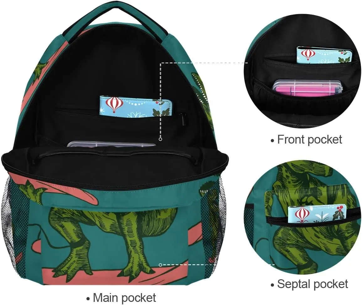 Custom Green Dinosaur with Skateboard School Backpack Personalized Your Name Text Bookbag for Boys Girls Teens Casual Travel Bag Computer Laptop Daypack