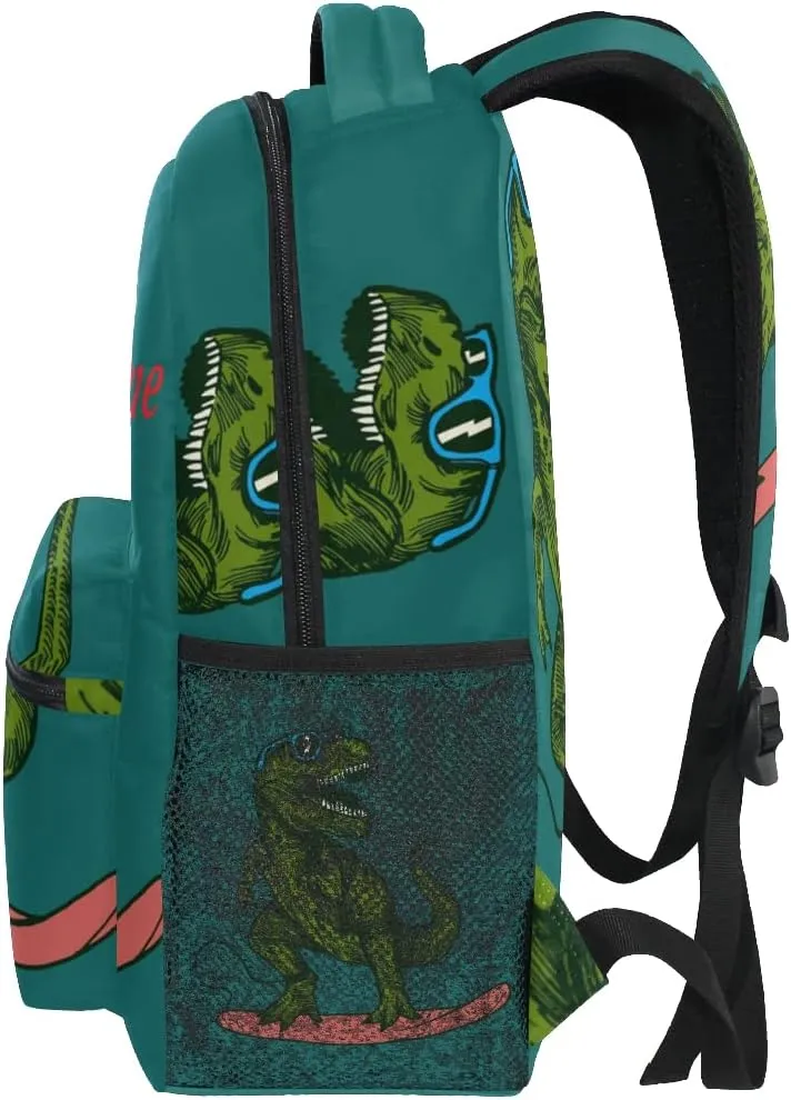 Custom Green Dinosaur with Skateboard School Backpack Personalized Your Name Text Bookbag for Boys Girls Teens Casual Travel Bag Computer Laptop Daypack