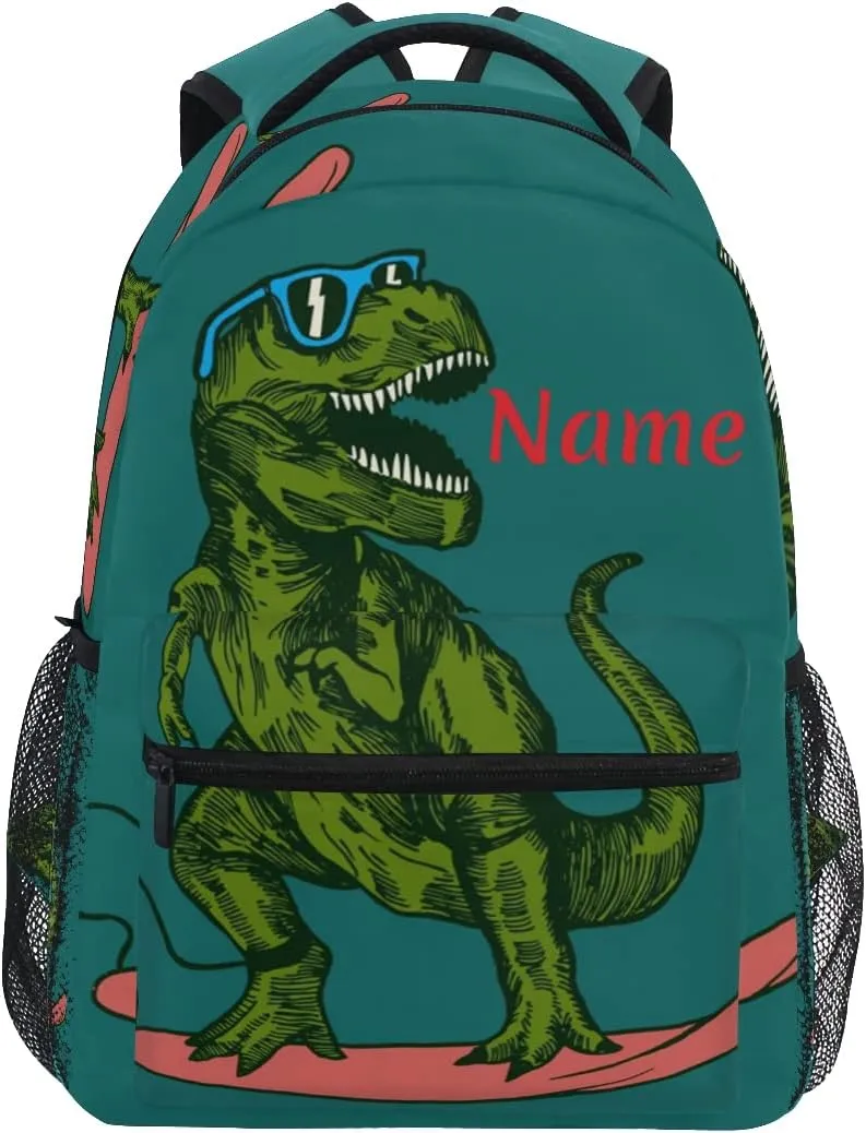 Custom Green Dinosaur with Skateboard School Backpack Personalized Your Name Text Bookbag for Boys Girls Teens Casual Travel Bag Computer Laptop Daypack