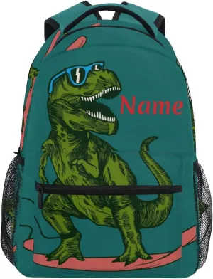Custom Green Dinosaur with Skateboard School Backpack Personalized Your Name Text Bookbag for Boys Girls Teens Casual Travel Bag Computer Laptop Daypack