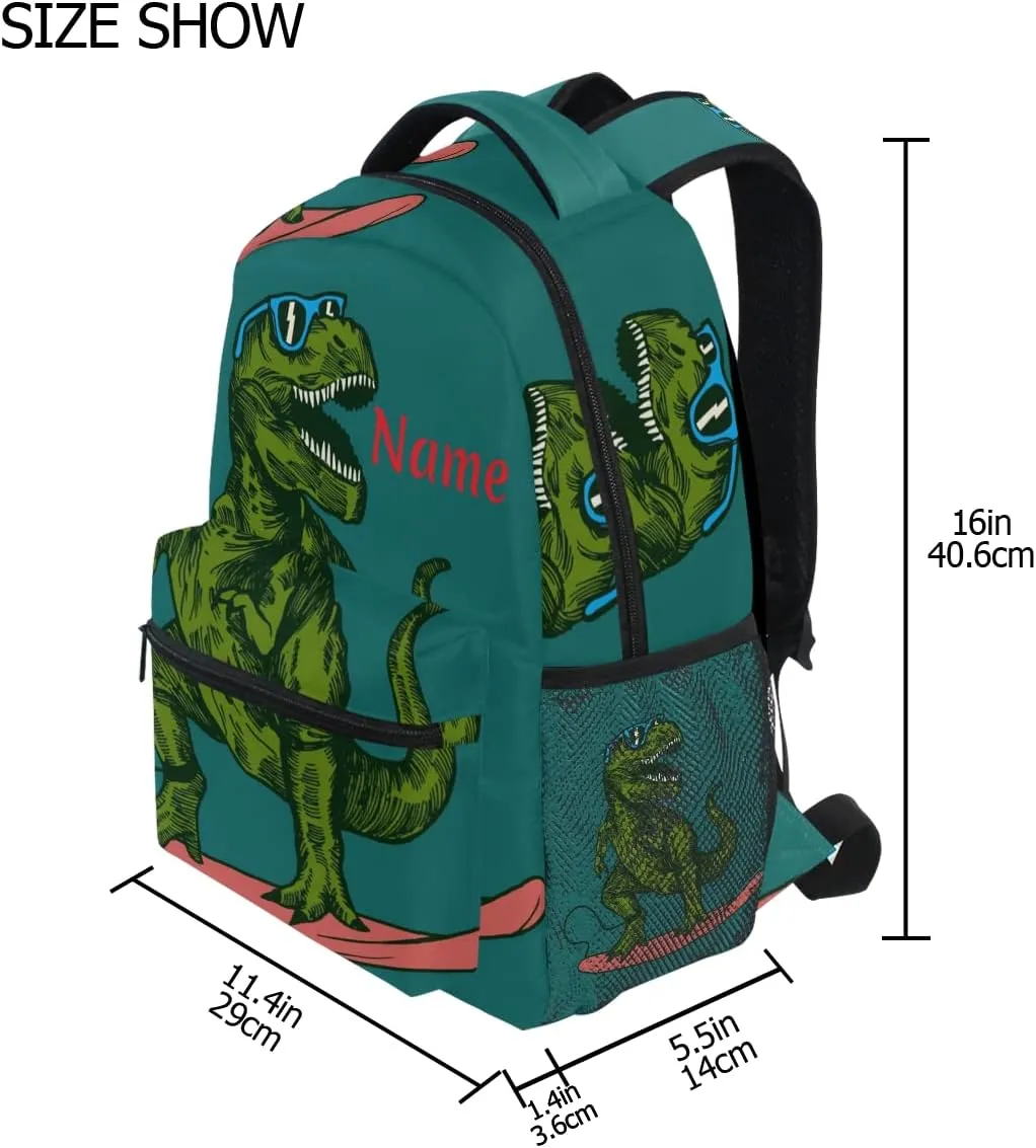 Custom Green Dinosaur with Skateboard School Backpack Personalized Your Name Text Bookbag for Boys Girls Teens Casual Travel Bag Computer Laptop Daypack