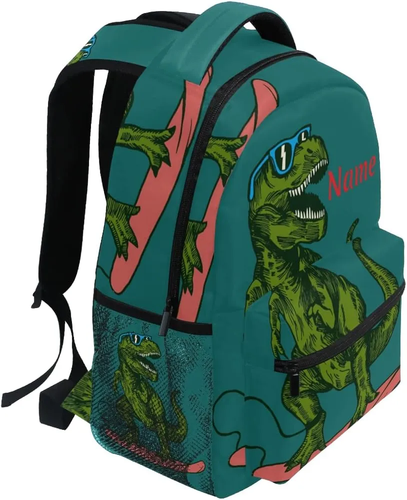 Custom Green Dinosaur with Skateboard School Backpack Personalized Your Name Text Bookbag for Boys Girls Teens Casual Travel Bag Computer Laptop Daypack