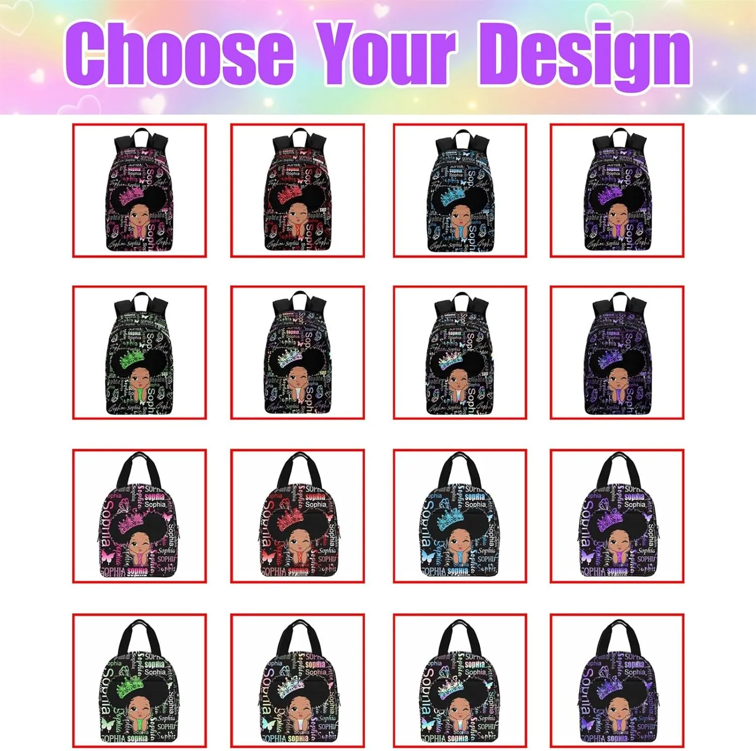 Custom Kids Backpack Daypacks with Lunch Bag, Cute Girls Purple Pattern Personalized Name School Backpack for Toddler Elementary Middle, Casual Bookbag Shoulder Bag for Girls Daughter