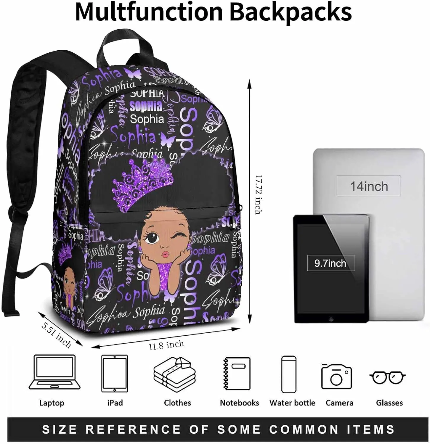 Custom Kids Backpack Daypacks with Lunch Bag, Cute Girls Purple Pattern Personalized Name School Backpack for Toddler Elementary Middle, Casual Bookbag Shoulder Bag for Girls Daughter
