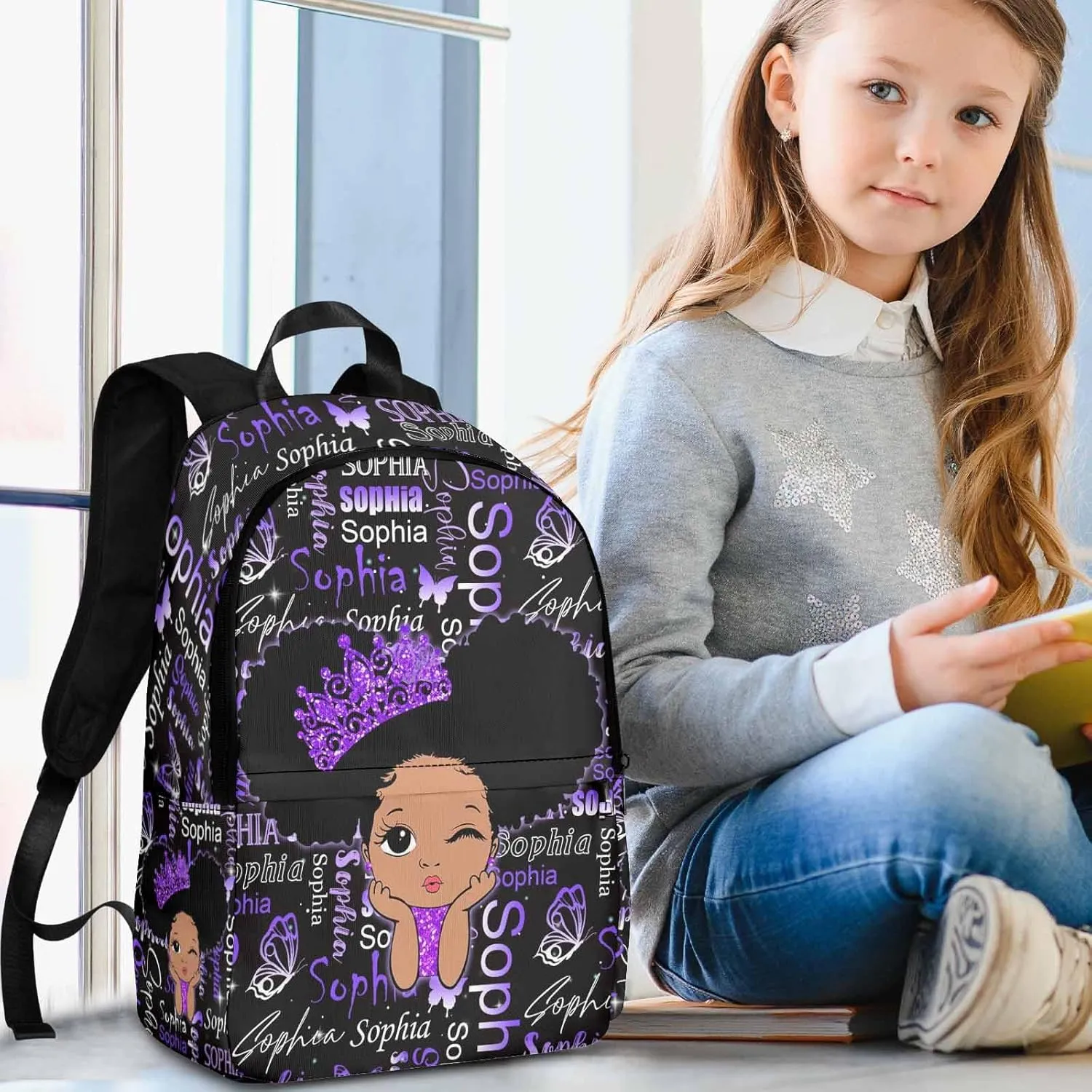 Custom Kids Backpack Daypacks with Lunch Bag, Cute Girls Purple Pattern Personalized Name School Backpack for Toddler Elementary Middle, Casual Bookbag Shoulder Bag for Girls Daughter
