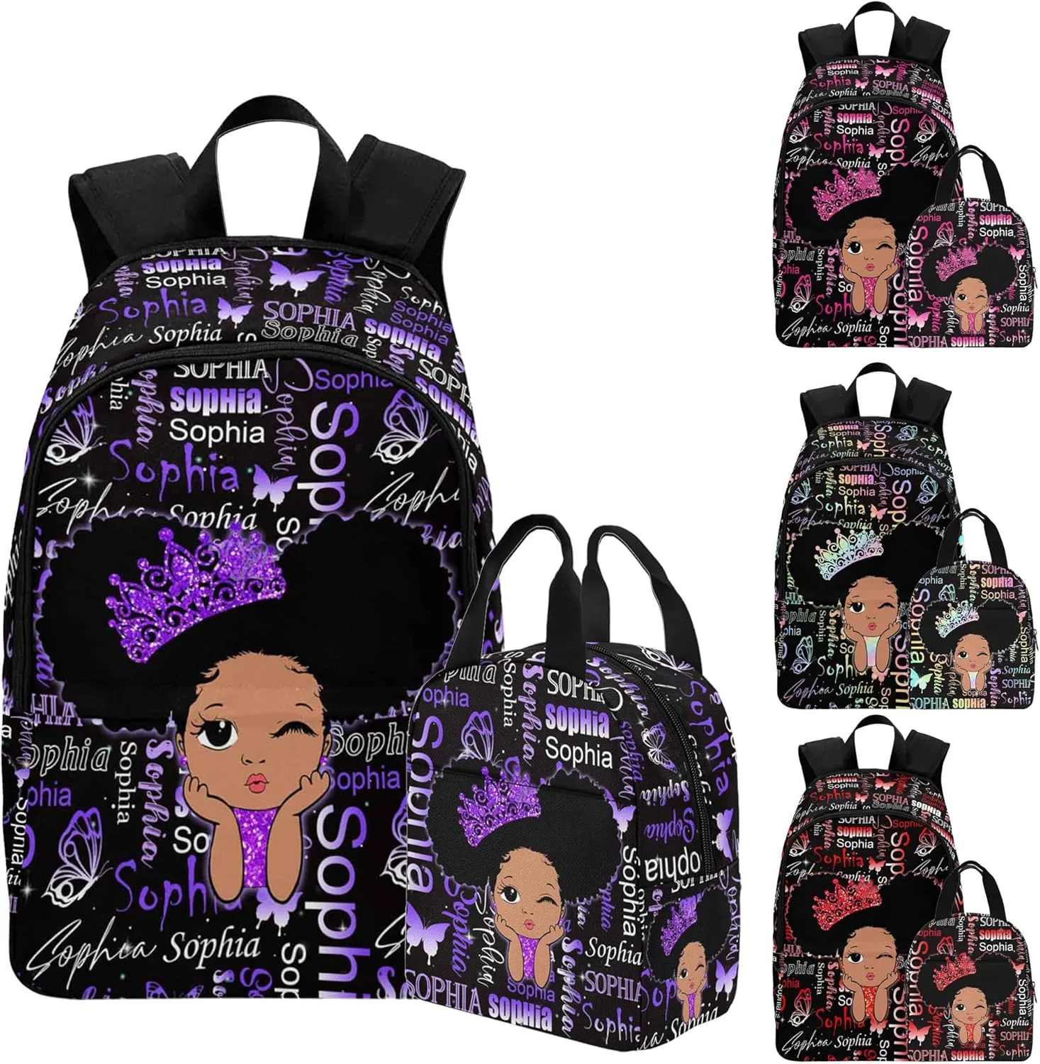 Custom Kids Backpack Daypacks with Lunch Bag, Cute Girls Purple Pattern Personalized Name School Backpack for Toddler Elementary Middle, Casual Bookbag Shoulder Bag for Girls Daughter