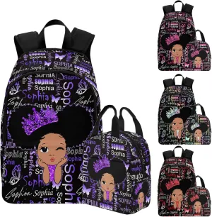 Custom Kids Backpack Daypacks with Lunch Bag, Cute Girls Purple Pattern Personalized Name School Backpack for Toddler Elementary Middle, Casual Bookbag Shoulder Bag for Girls Daughter