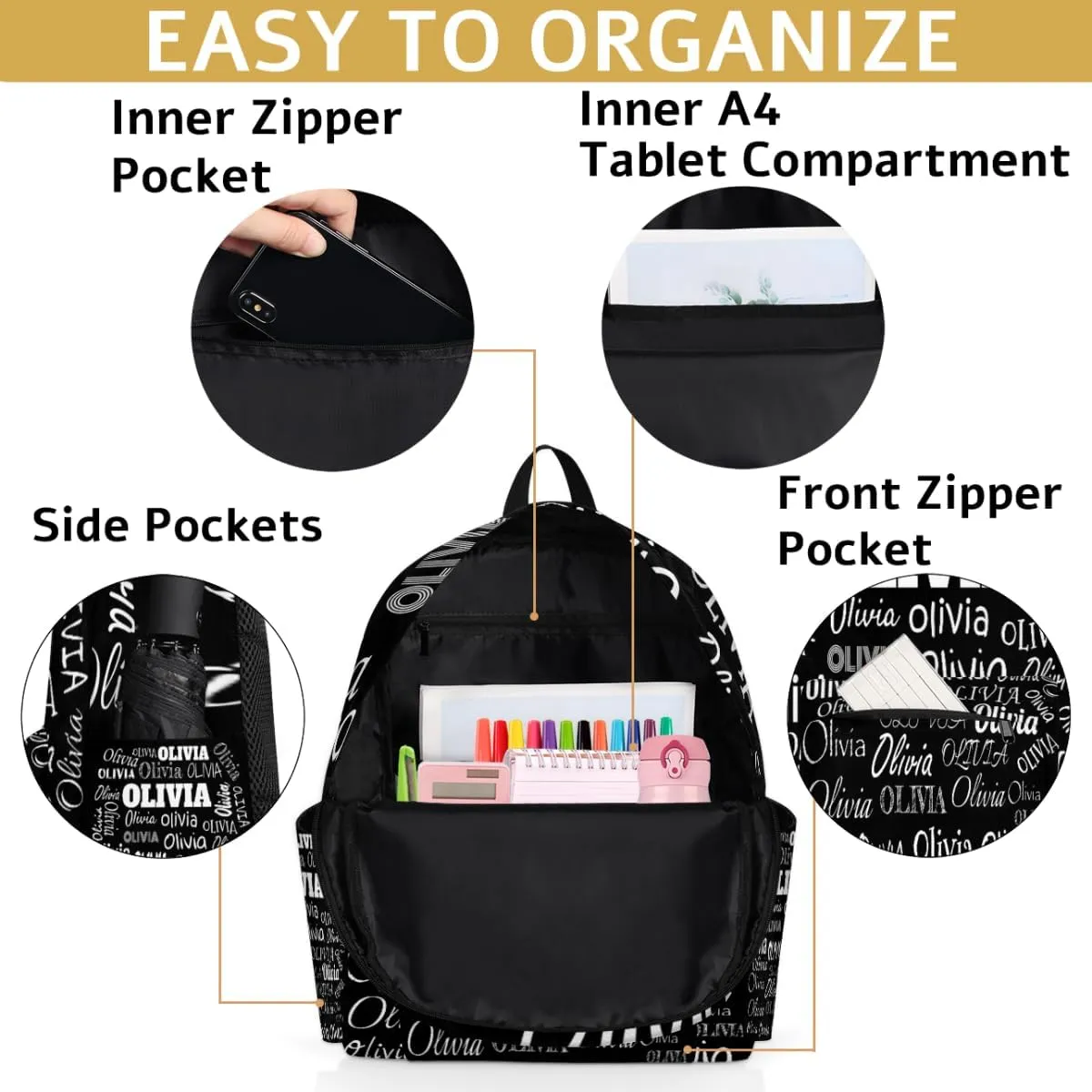Custom Name Bags Backpack for Children Boys Personalized Backpack with Name Travel Bookbags Back School Multipurpose Bag, Solid Black