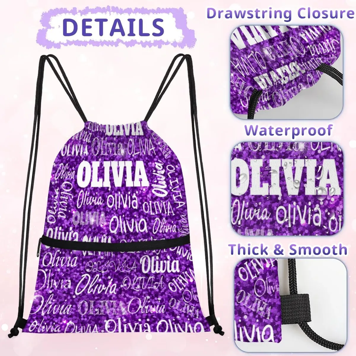 Custom Name Drawstring Backpack Strap Pack String Bag Lightweight Dance Gymnastics Bag, Bright Purple Sequins Glittering