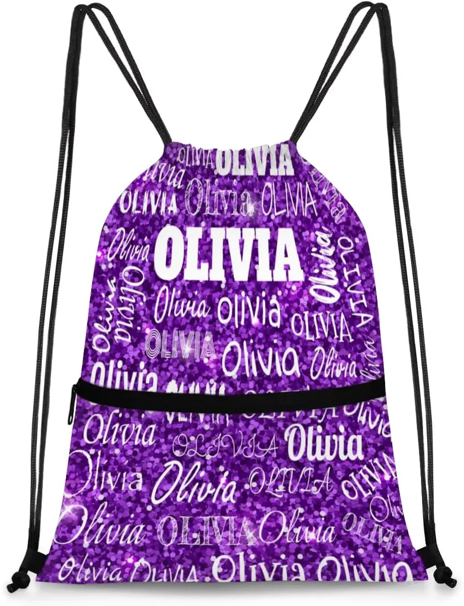 Custom Name Drawstring Backpack Strap Pack String Bag Lightweight Dance Gymnastics Bag, Bright Purple Sequins Glittering