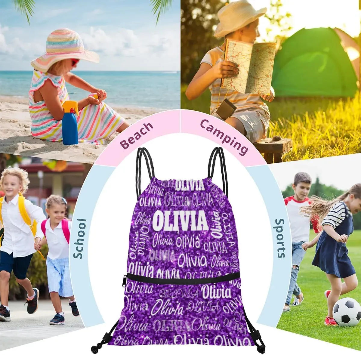 Custom Name Drawstring Backpack Strap Pack String Bag Lightweight Dance Gymnastics Bag, Bright Purple Sequins Glittering
