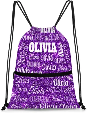 Custom Name Drawstring Backpack Strap Pack String Bag Lightweight Dance Gymnastics Bag, Bright Purple Sequins Glittering