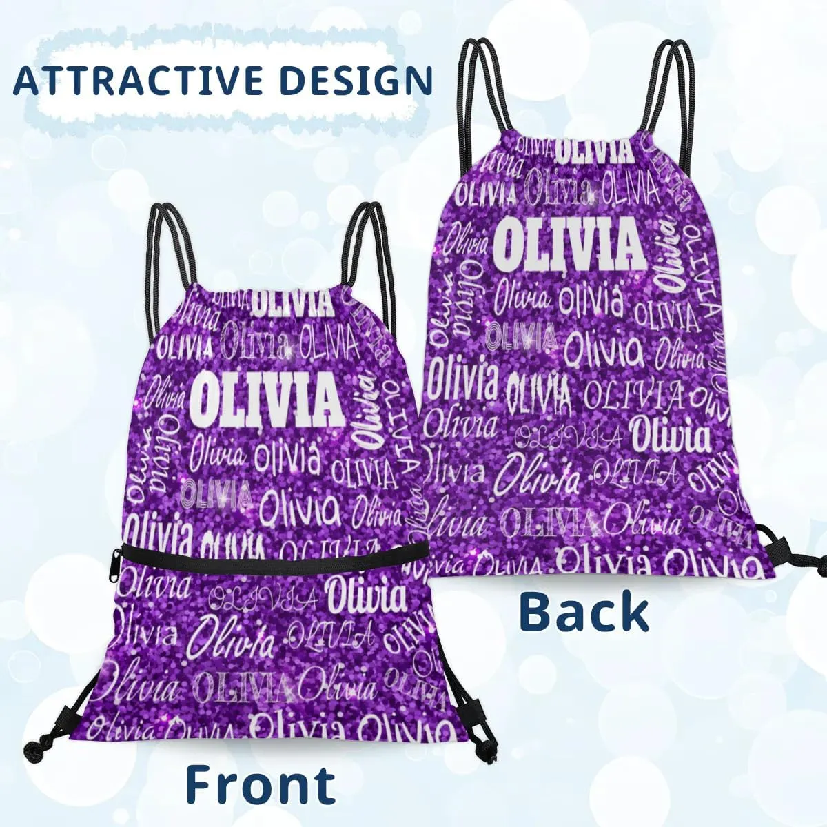 Custom Name Drawstring Backpack Strap Pack String Bag Lightweight Dance Gymnastics Bag, Bright Purple Sequins Glittering