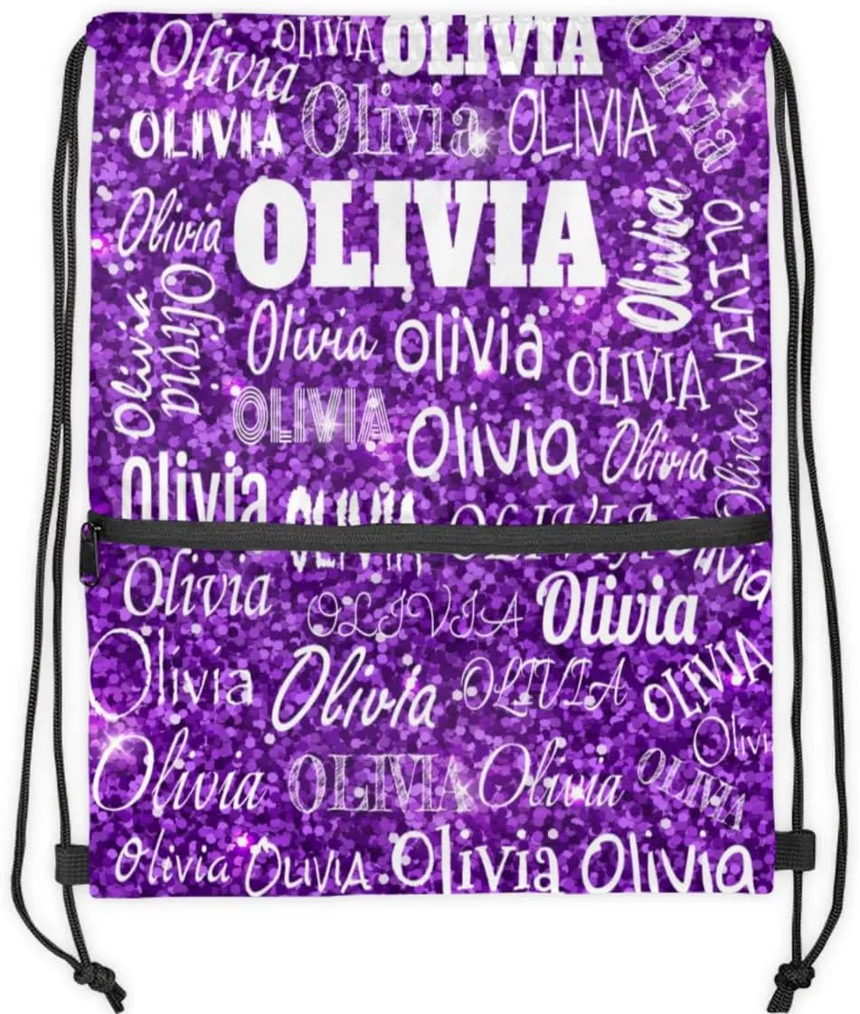 Custom Name Drawstring Backpack Strap Pack String Bag Lightweight Dance Gymnastics Bag, Bright Purple Sequins Glittering