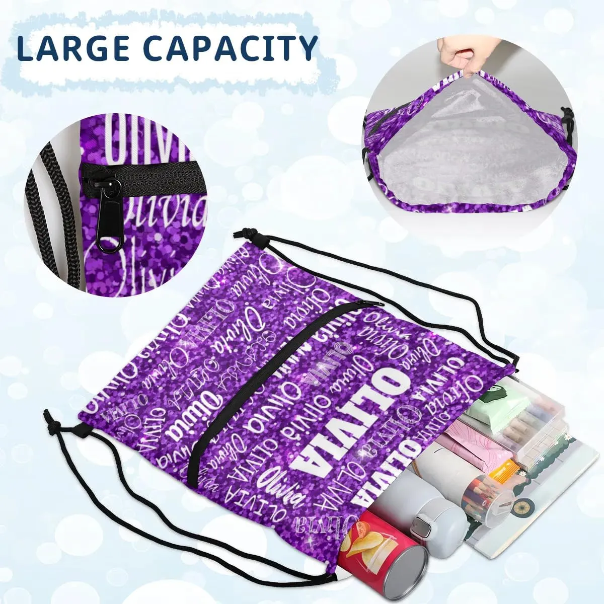 Custom Name Drawstring Backpack Strap Pack String Bag Lightweight Dance Gymnastics Bag, Bright Purple Sequins Glittering