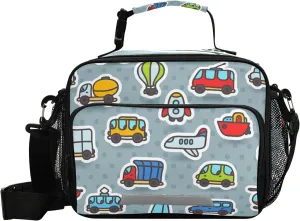 Cute Cartoon Transport Pattern Reusable Lunch Bag for Women Men, Double Decker Bus Yellow Taxi Insulated Lunch Box Handbag Portable for Office Picnic Travel Cooler Bag with Adjustable Shoulder Strap