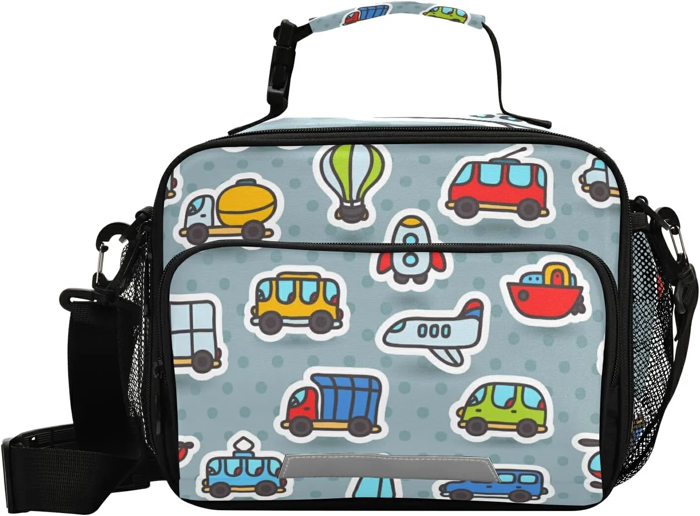 Cute Cartoon Transport Pattern Reusable Lunch Bag for Women Men, Double Decker Bus Yellow Taxi Insulated Lunch Box Handbag Portable for Office Picnic Travel Cooler Bag with Adjustable Shoulder Strap