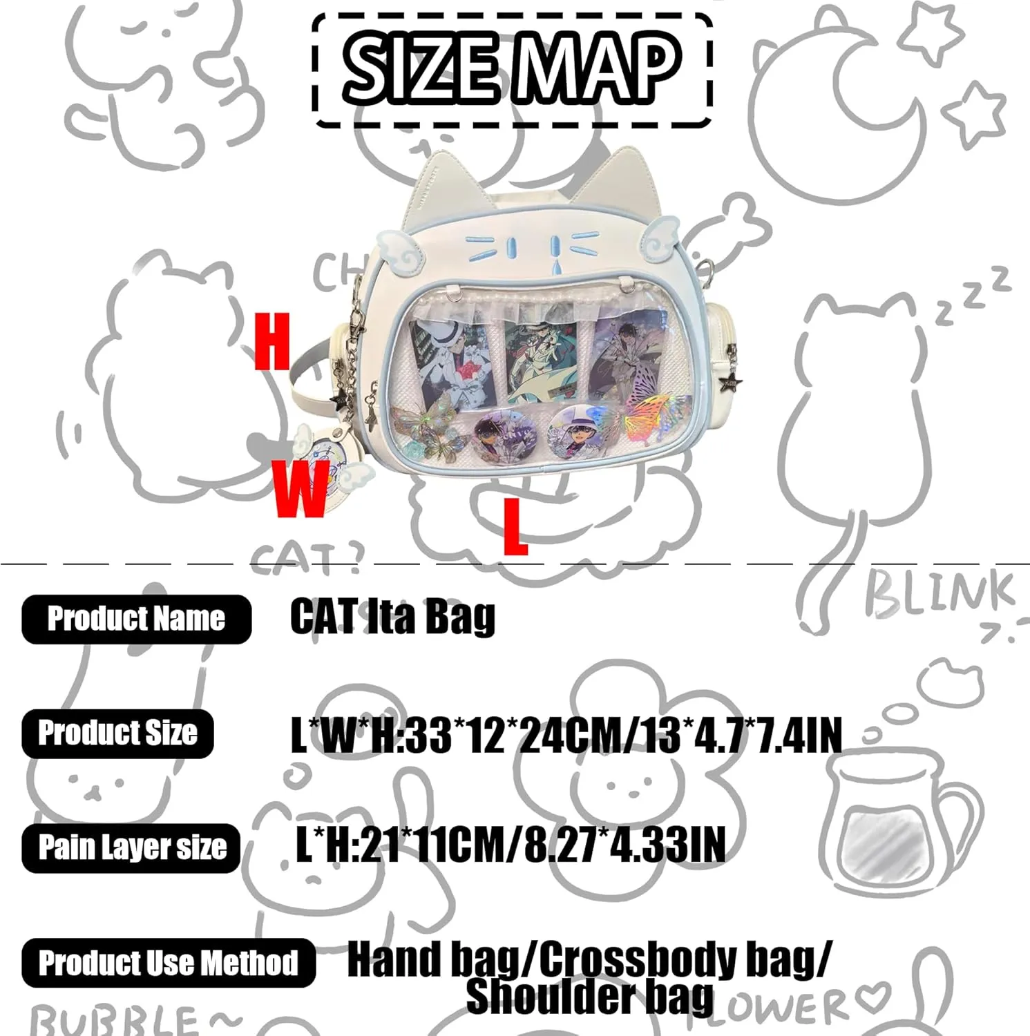 Cute Cat ita bag ita backpack crossbody bag for Y2K Aesthetic pin display with insert