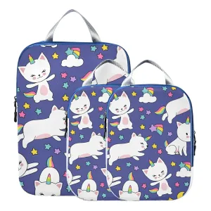 Cute Cats Unicorns Kitten Horned Comic and Colored stars on Purple 3 Piece set Cubes Expandable Adjustable Luggage Packing Bags, Ultralight Organizer Accessories Travel Suitcase Compressible Bags