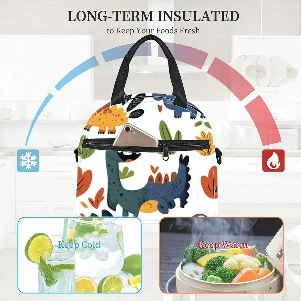 Cute dinosaur Insulated Adult Lunch Bag with Shoulder Strap for Women Lightweight Reusable Portable Freezable Lunch Tote Bag for Work Picnic