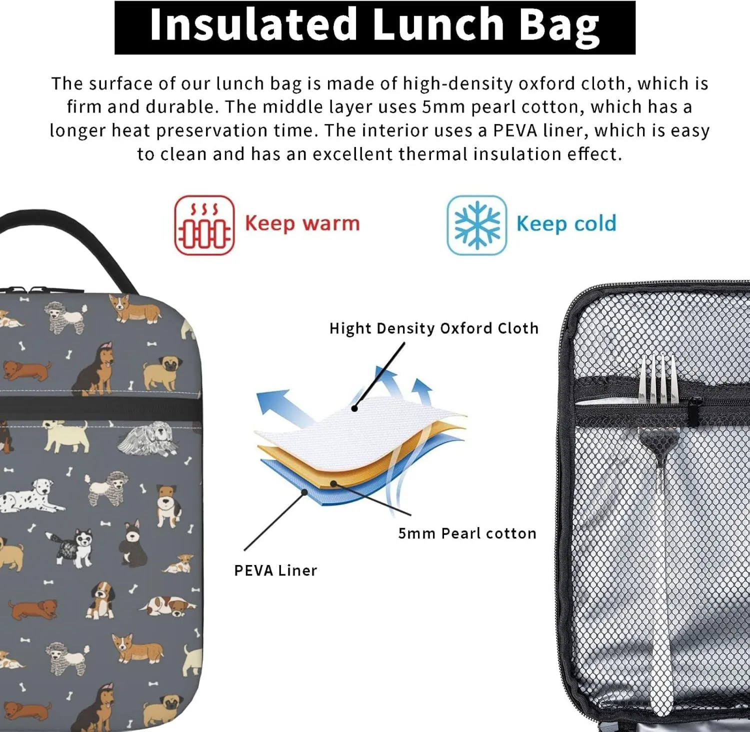 Cute Dogs Lunch Bag Puppy Pets Grey Background Lunch Box Insulated Meal Bag Food Container for School Work Picnic Travel
