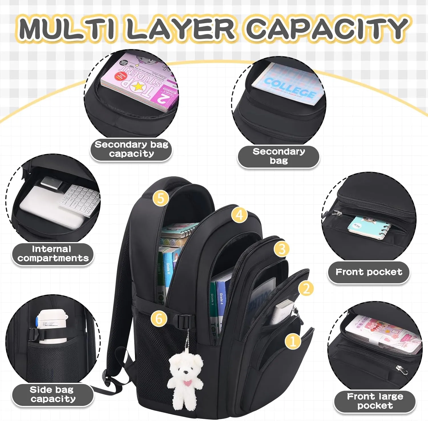 Cute Girls Backpack for School Kids Travel College backpack for Women Teen Black Bookbags Aesthetic Laptop Bagpack