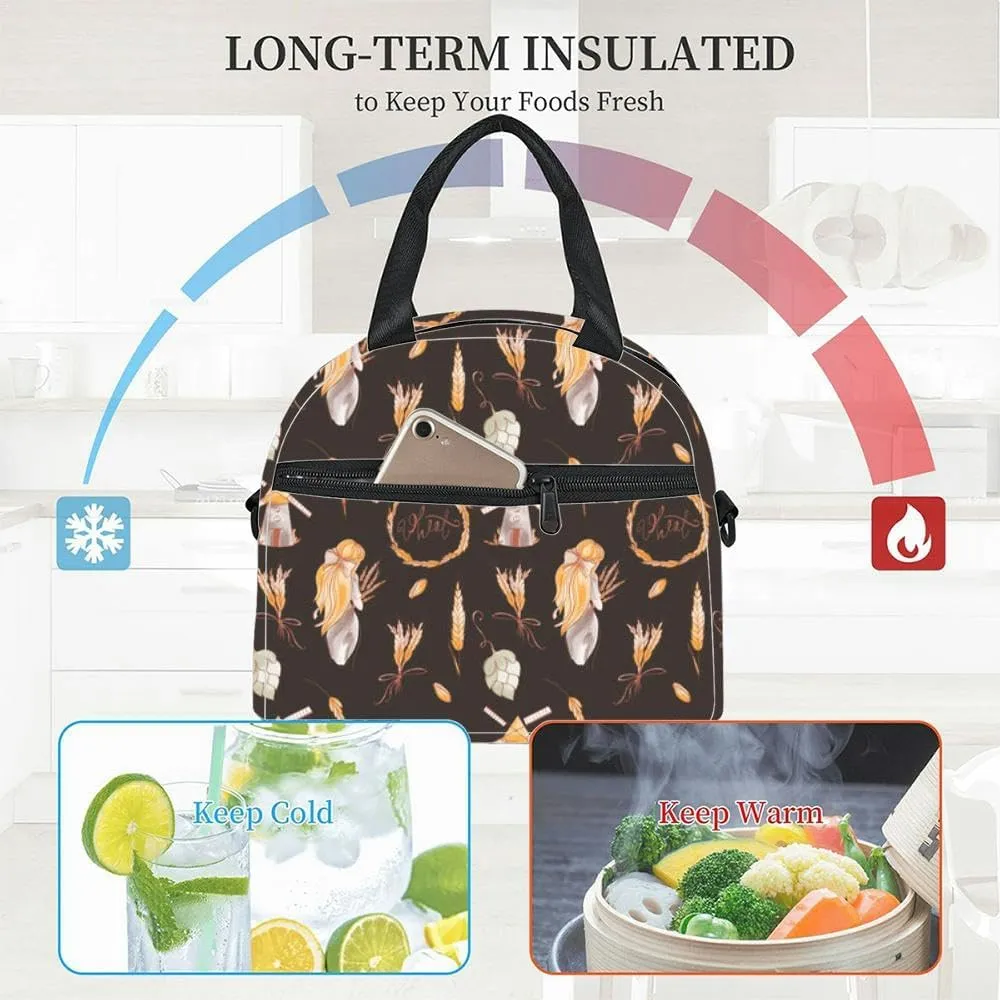 Cute kawaii square sprigs wheat and grains brown Insulated Adult Lunch Bag with Shoulder Strap for Women Lightweight Reusable Portable Freezable Lunch Tote Bag for Work Picnic