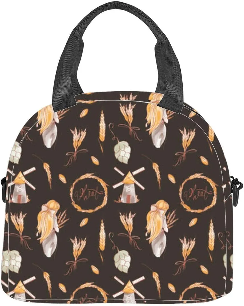 Cute kawaii square sprigs wheat and grains brown Insulated Adult Lunch Bag with Shoulder Strap for Women Lightweight Reusable Portable Freezable Lunch Tote Bag for Work Picnic