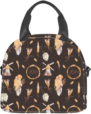 Cute kawaii square sprigs wheat and grains brown Insulated Adult Lunch Bag with Shoulder Strap for Women Lightweight Reusable Portable Freezable Lunch Tote Bag for Work Picnic