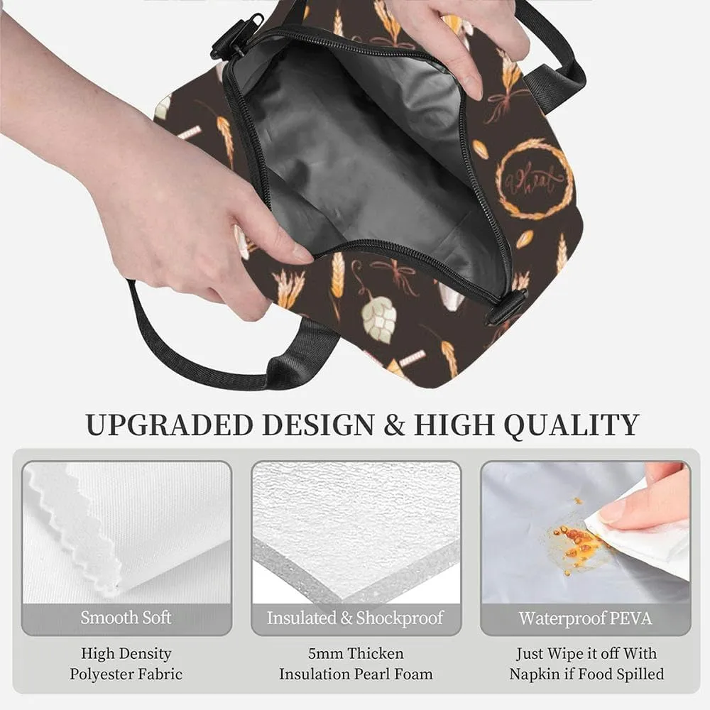 Cute kawaii square sprigs wheat and grains brown Insulated Adult Lunch Bag with Shoulder Strap for Women Lightweight Reusable Portable Freezable Lunch Tote Bag for Work Picnic
